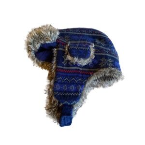 Toby Youth 4-5 Blue Trapper Fair Isle Nordic Knit Hat Faux Fur Lining Ear Flaps
